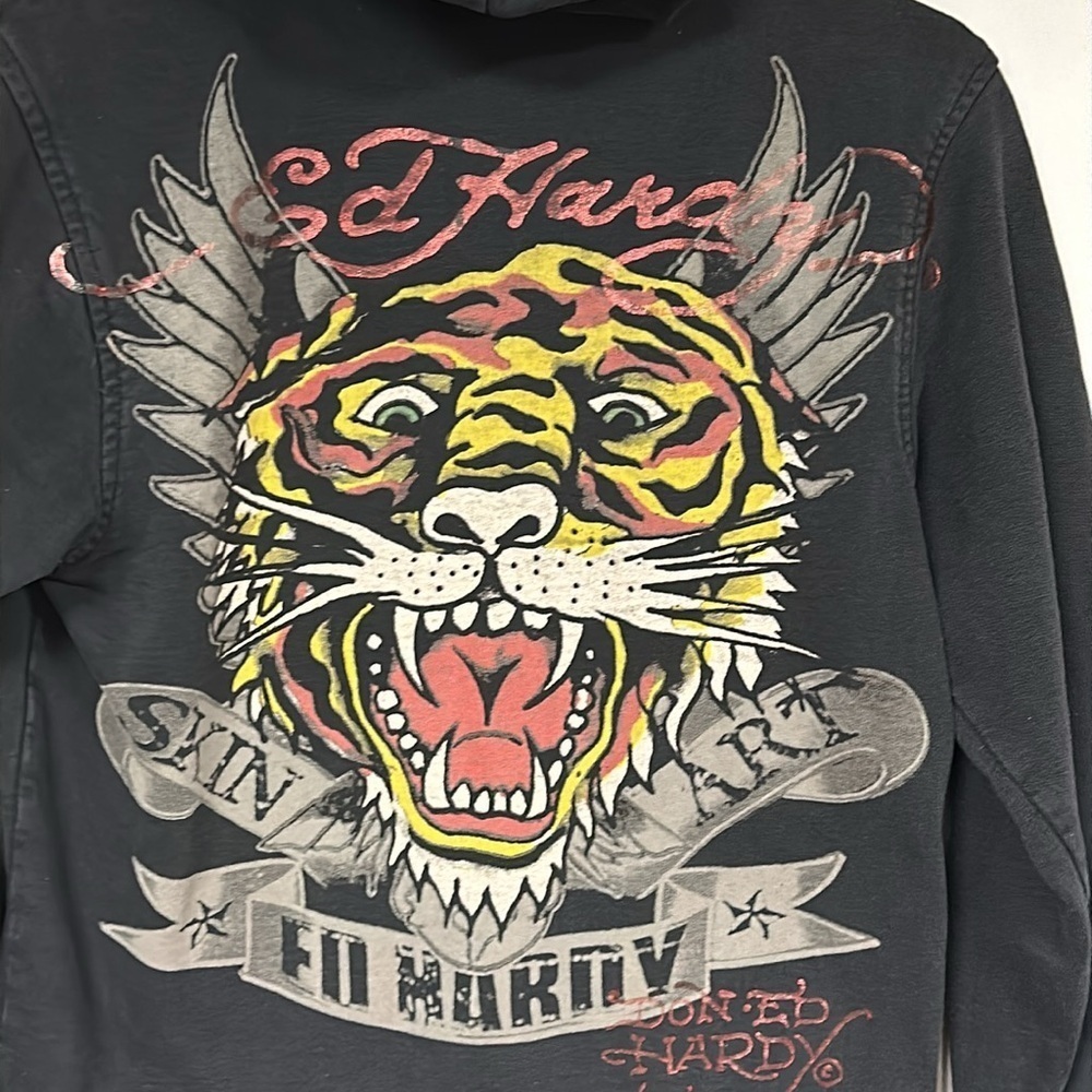 Ed Hardy Vintage Retro Tiger Graphic Full Zip Front Hoodie Sweatshirt, Youth L